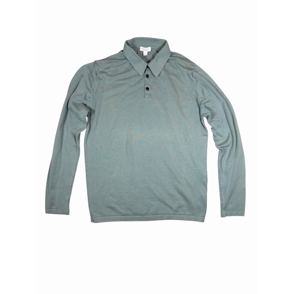 Sunspel Polo Shirt Mens Medium Green Cotton Knit Long Sleeve Portugal Luxury
